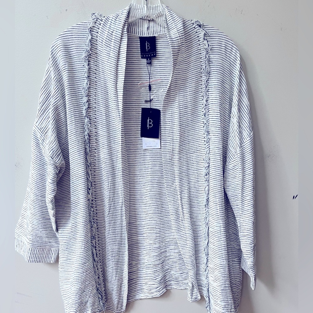 Bobeau Open Front Striped Fringe Cardigan‎ Womens Small Blue Cream Cotton NWT
